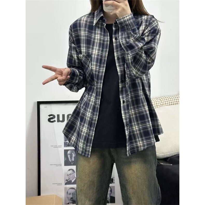 网图有货藏青色休闲格子衬衫男女美式复古长袖衬衣外套A1017-P25,男装衬衫,星座1505