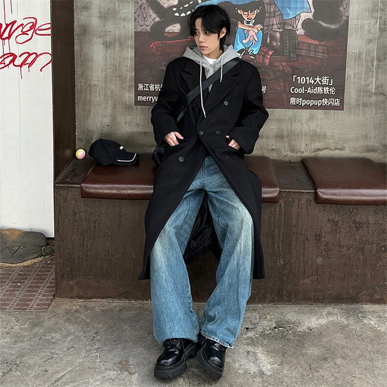 自拍图~韩系中长款呢子大衣cleanfit双排扣过膝风衣外套Y902-P138,男装风衣,星座1004-3