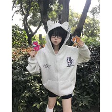 美式高街刺绣小猫魔术贴连帽蓝色卫衣春秋宽松慵懒情侣上衣外套，女装短外套，星座601-1