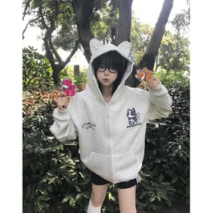 美式高街刺绣小猫魔术贴连帽蓝色卫衣春秋宽松慵懒情侣上衣外套图片