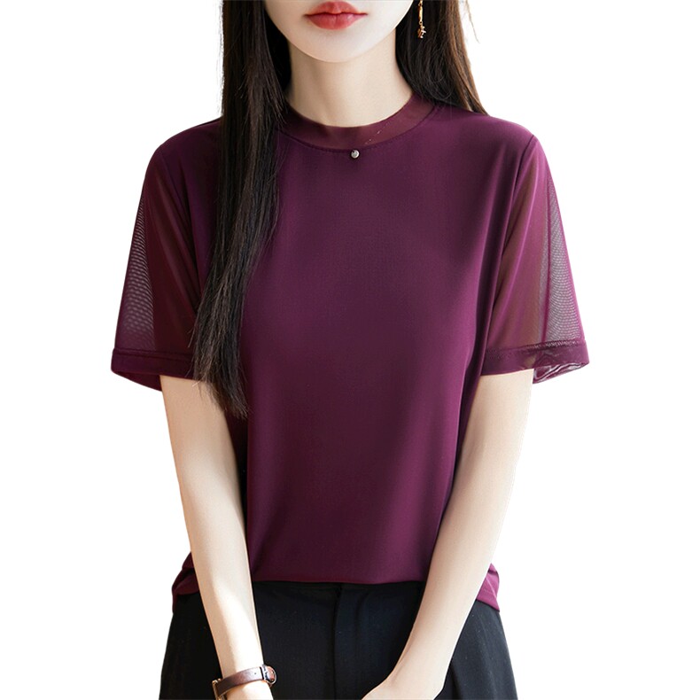 夏季新款时尚百搭简约女士小银标领边蕾丝镂空短袖,女装T恤,臻维羊绒