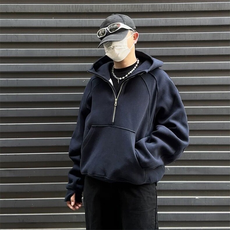 抖音得物二开美式重磅宽松结构拉链设计防风高领连帽卫衣外套W76,男装卫衣,电商A486-1