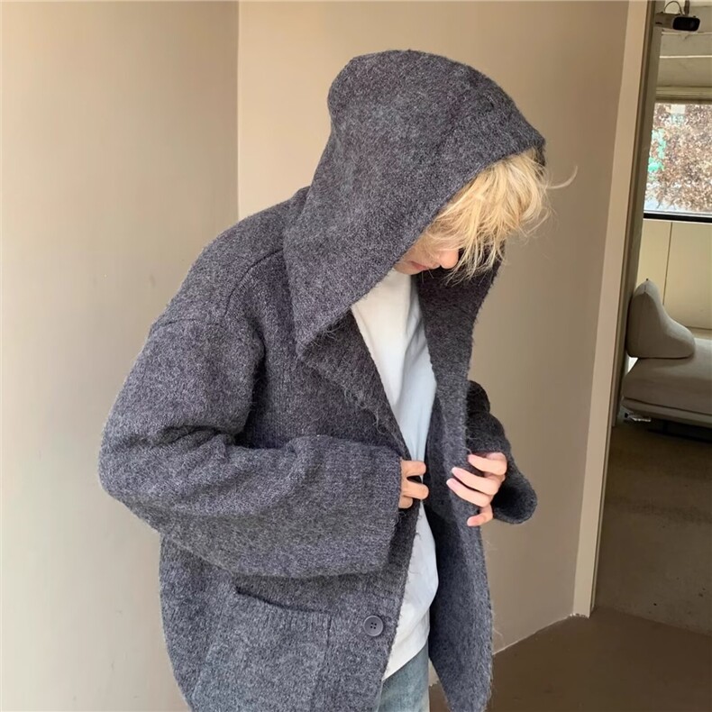 秋冬慵懒风简约百搭纯色重磅拉链休闲宽松毛衣美拉德针织立领开衫图片