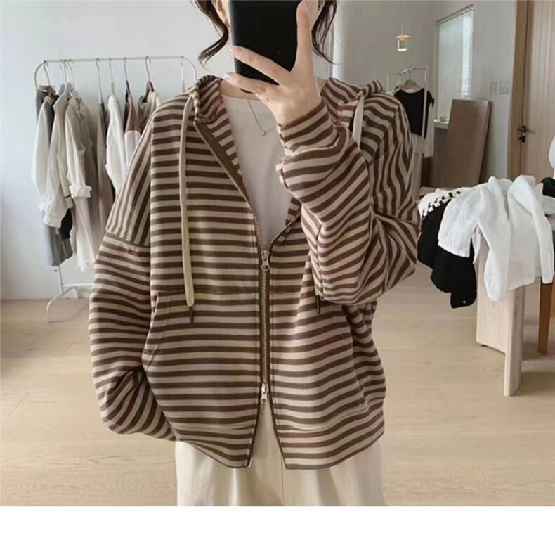 早春新款宽松休闲条纹个性连帽开衫外套，其它，那简