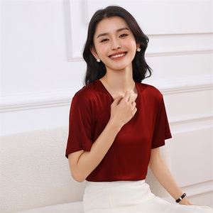 2025夏日本进口高级三醋酸圆领T恤女宽松显瘦V短袖真丝气质上衣图片