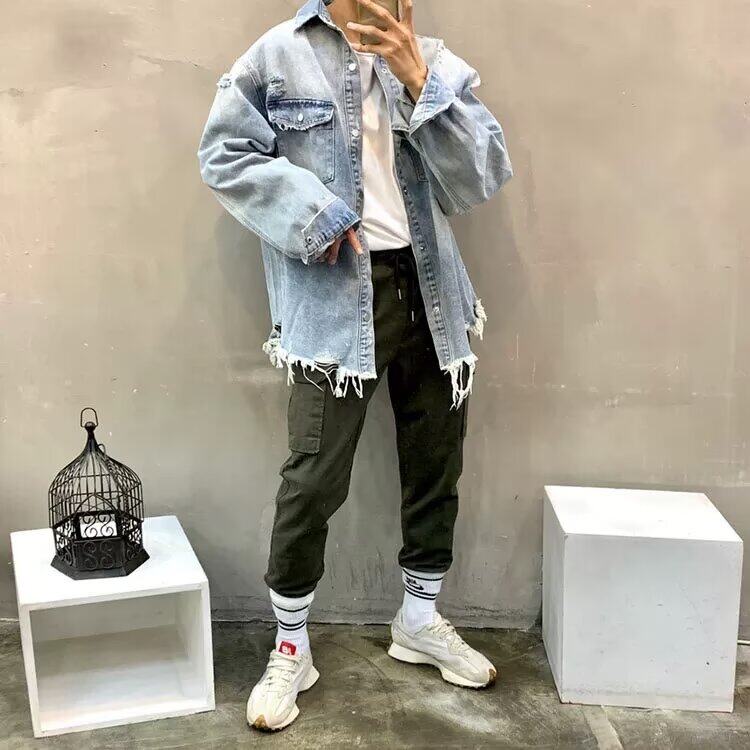 美式复古毛边牛仔夹克男女宽松长袖时尚百潮牌搭破洞牛仔衬衫外套,男装夹克,星座218-1（原230）
