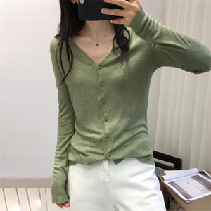 2025年春季冰丝针织开衫外套女士新款薄款V领打底衫内搭长袖上衣图片