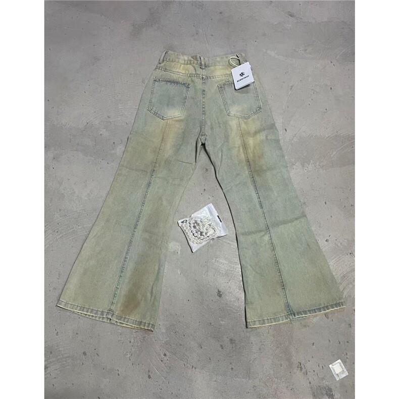 得物品质秋款男女牛仔裤扎染渐变色微喇叭珍珠点缀长裤NK175P72,男装牛仔裤,星座1013-1