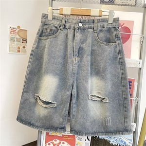 D98-P40 美式复古破洞牛仔裤宽松痞帅夏季短裤五分裤休闲裤子图片