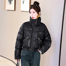 2023年冬季新款现货免洗柔软皮加厚立领面包服韩版小个子羽绒服，女装羽绒服，时尚俏佳人