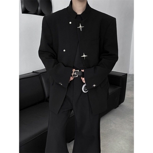 新中式男装黑色垫肩西装外套男痞帅风中山装西服夹克W6344-P65图片