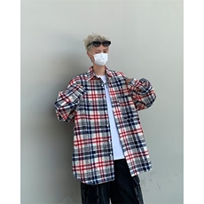 日系宽松复古拼接格子衬衫男女翻领长袖休闲外穿垂感衬衣HJ36/P45，男装衬衫，星座506