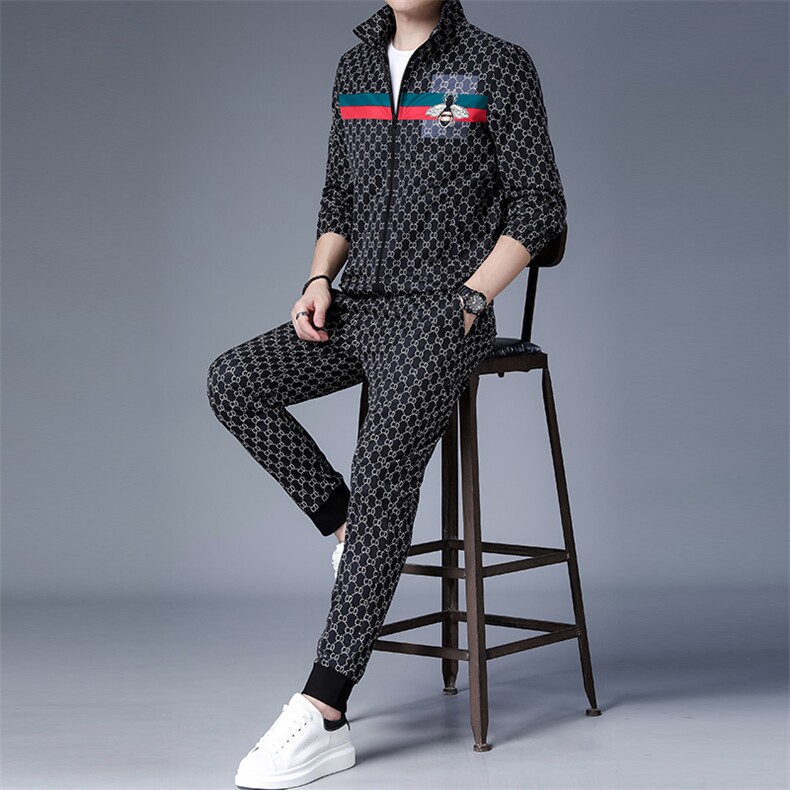 春装男士外套2023新款印花棒球服外套潮休闲夹克束脚裤男装两件套,男装休闲套装,电商B212（原钱塘6029）