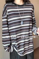 日系复古撞色细条纹长袖T恤宽松慵懒风圆领休闲上衣HY923TP28控49，男装T恤，电商A102B