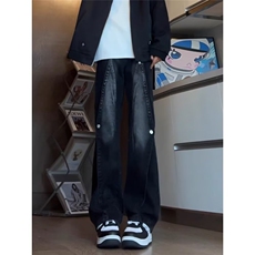 工装牛仔裤男2025拼接设计感做旧水洗高腰直筒阔腿裤NZA273，男装牛仔裤，星座516A