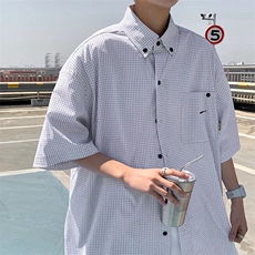 港风日系潮牌条纹格子衬衫男短袖宽松工装半袖衬衣外套C55，男装衬衫，星座1116A-1（原606A）