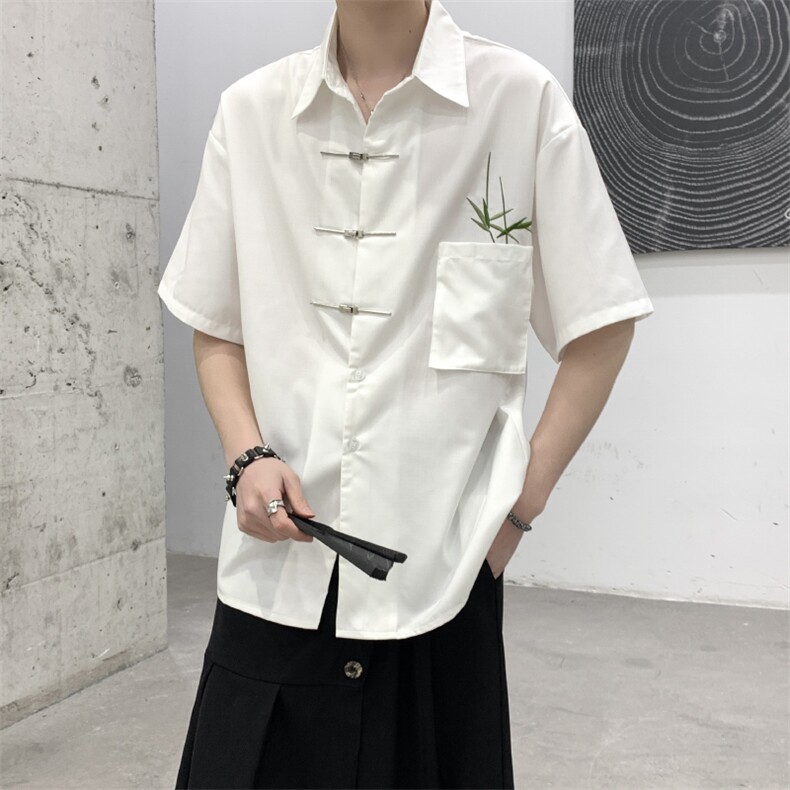 夏装2024风新中式复古油画翠竹刺绣男女小众休闲短袖衬衫大码图片