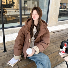 撞色设计连帽短款羽绒服女冬季2025新款面包服白鸭绒外套栗子色，女装羽绒服，2C129