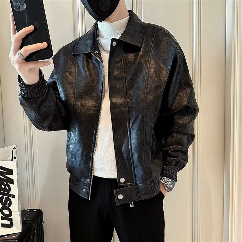 L1-P67潮牌痞帅皮衣外套男春秋款潮流休闲皮夹克2025新款高级感,男装夹克,电商B323A