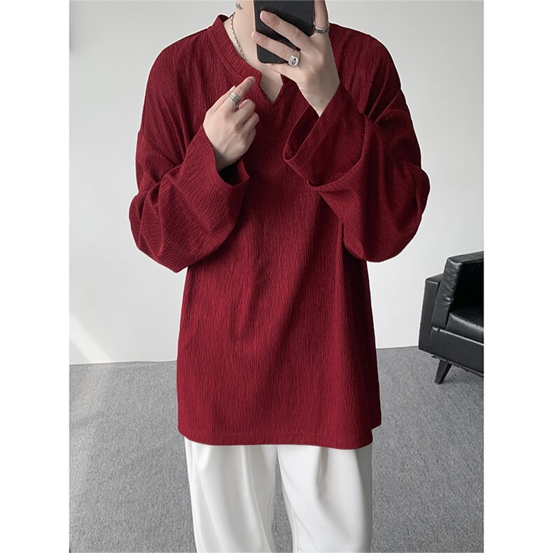 现货T10163-特P26控48新款V领纹理感港风打底长袖大码T恤男,男装T恤,电商A059