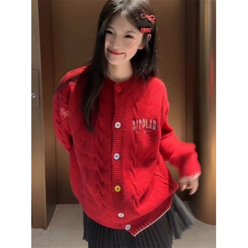 圣诞红色绞花开衫毛衣女秋冬季温柔风圆领针织衫外套上衣M6569,男装针织衫/毛衣,星座1116A（原606A-3）