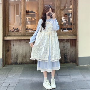 清纯乖乖妹穿搭蓝色连衣裙叠穿马甲女春秋超火好看氛围感长裙套装图片
