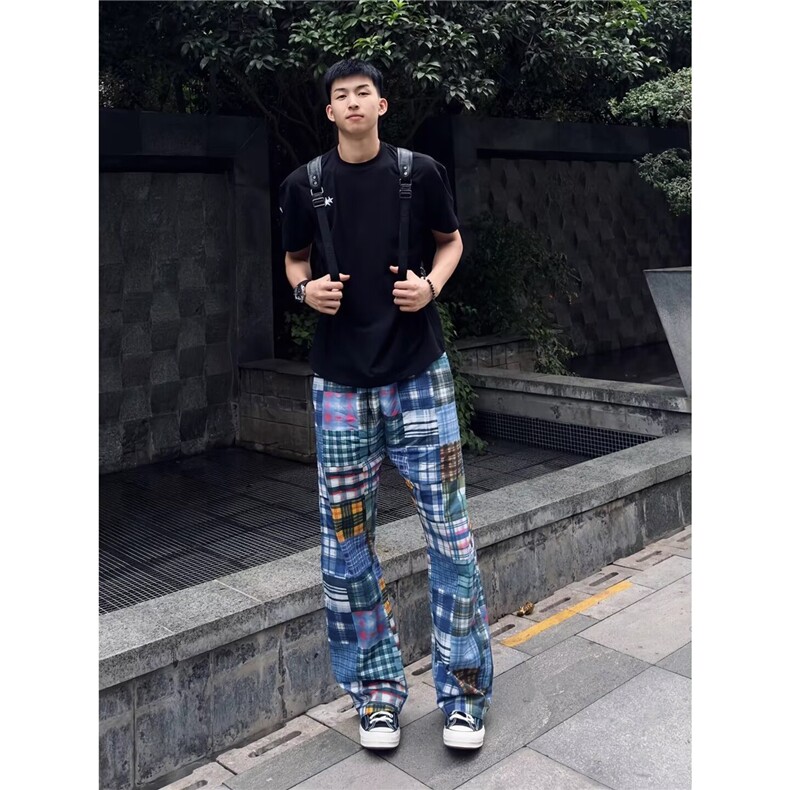 格纹毛边乞丐拼接印花裤修身潮牌造型男休闲裤潮流百搭弹力花裤子,男装休闲裤,星座506A