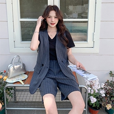 2C085-Q070P170短袖T恤时尚西装马甲短裤三件套控248现货，女装套装/套裙，2C085