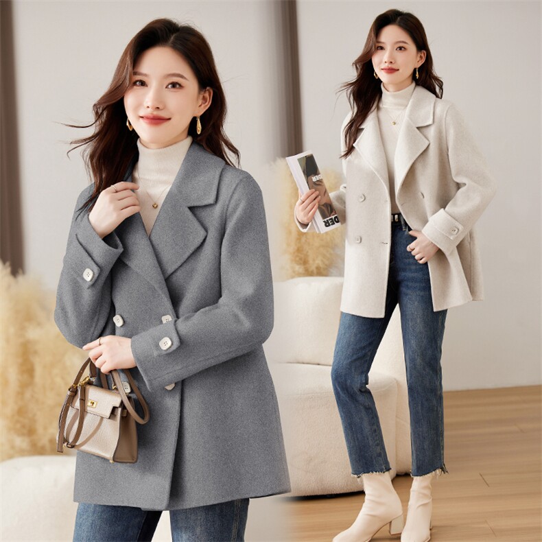 新款时尚气质直筒西装领双排扣中长双面呢大衣，女装双面呢大衣，媚琳依坊