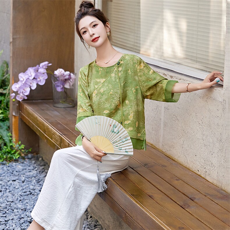 民族风印花上衣女休闲复古棉麻套装2024夏季新款时尚阔太太两件套,女装套装/套裙,涵墨