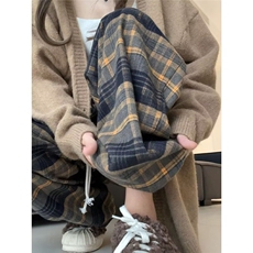 黄色格子裤子夏季高腰小个子垂感休闲裤慵懒薄款复古直筒阔腿裤，女装休闲裤，星座1210-1
