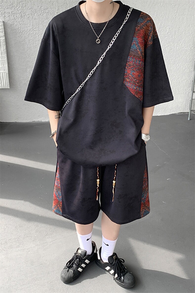 8XL-M民族风潮拼接休闲运动套装男夏季学生短袖短裤TZ38001P60,男装休闲套装,电商B312