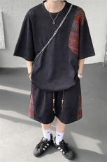 8XL-M民族风潮拼接休闲运动套装男夏季学生短袖短裤TZ38001P60，男装休闲套装，电商B312