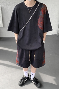8XL-M民族风潮拼接休闲运动套装男夏季学生短袖短裤TZ38001P60图片