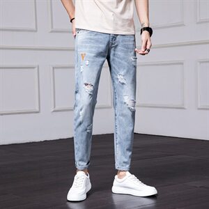 2021新款夏装破洞牛仔裤潮男九分裤韩版休闲乞丐裤子男图片