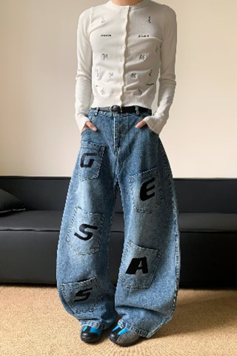 美式覆古字母刺绣多口袋牛仔裤男潮牌水洗蓝宽松阔腿裤子女,女装休闲裤,星座218-8