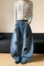 美式覆古字母刺绣多口袋牛仔裤男潮牌水洗蓝宽松阔腿裤子女，女装休闲裤，星座218-8