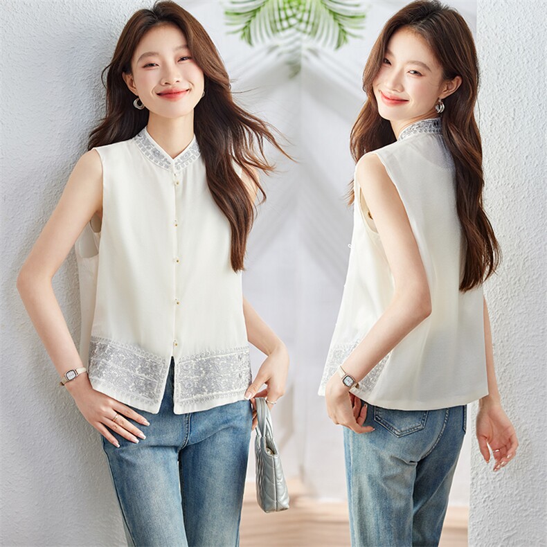 刺绣单排扣马甲2025年夏季薄款百搭拼接绣花上衣马甲，女装马甲，新依时派