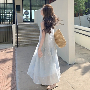 法式吸汗拼接印花长裙圆领连衣裙宽松方领气质收腰显瘦夏季初恋图片