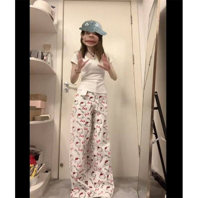 AK2343-P60美式复古kt猫满印休闲裤百搭宽松阔腿长裤潮,女装休闲裤,星座617A-2