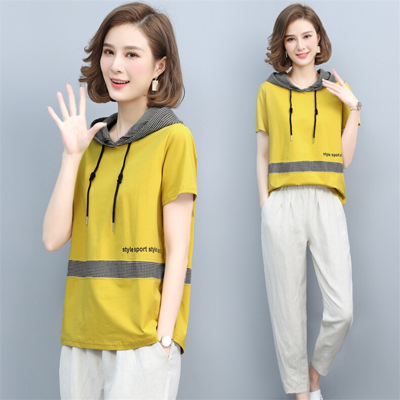 中年妈妈棉麻格子套装女夏2025新款时尚休闲遮肚子显瘦洋气两件套，女装套装/套裙，璐依舞