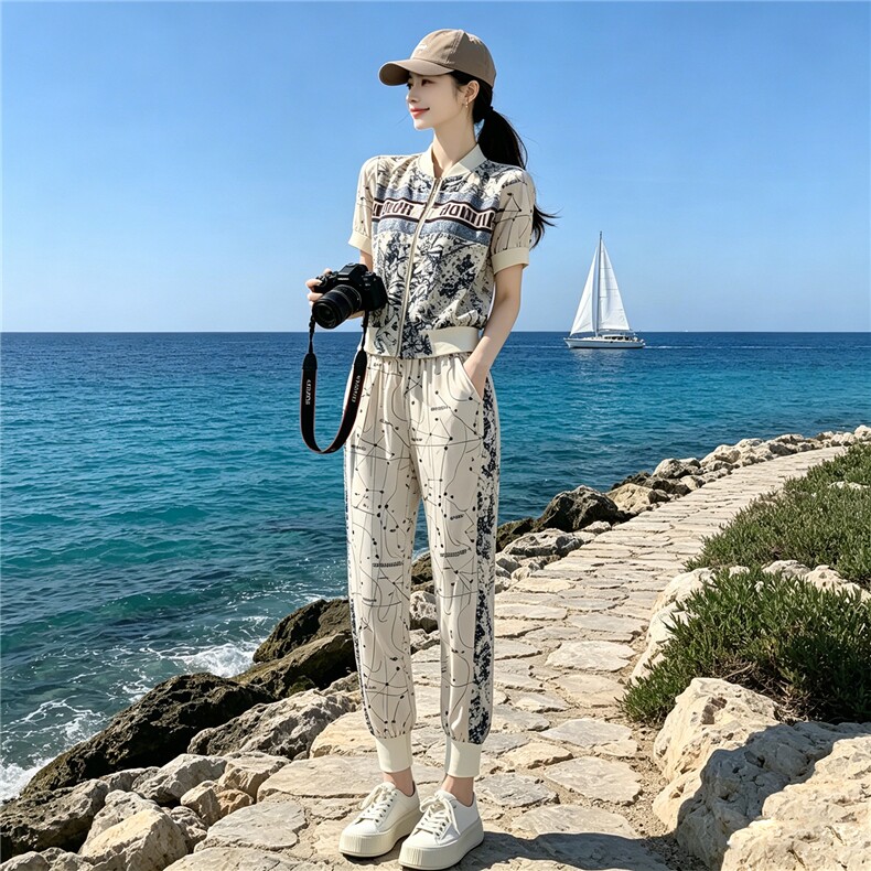 休闲运动套装女夏季新款韩版显瘦拉链开衫短袖卫衣束脚卫裤两件套,女装套装/套裙,江南