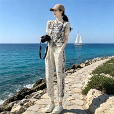 休闲运动套装女夏季新款韩版显瘦拉链开衫短袖卫衣束脚卫裤两件套，女装套装/套裙，江南