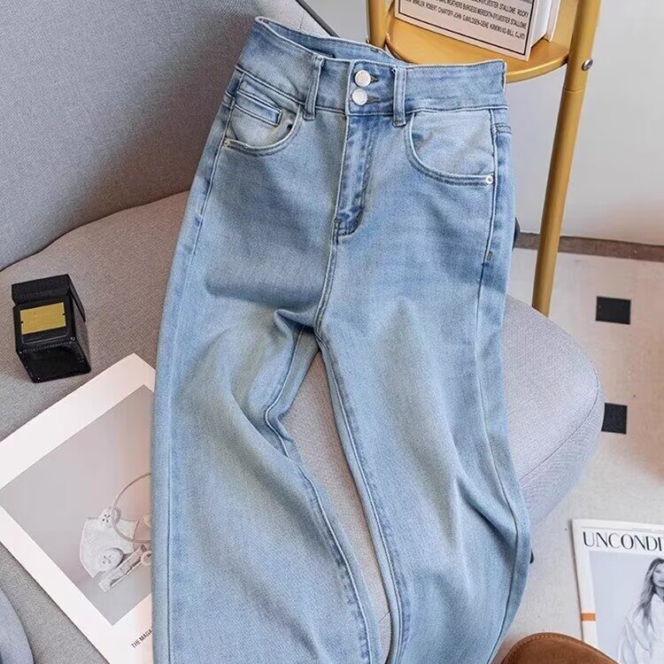 蕾丝拼接微喇牛仔裤女2025年春装新款高腰显瘦百搭浅色喇叭裤,男装牛仔裤,星座1210-1