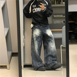 微弹长裤中腰美式街头水洗做旧闪电纹牛仔裤男女欧美宽松阔腿裤潮图片