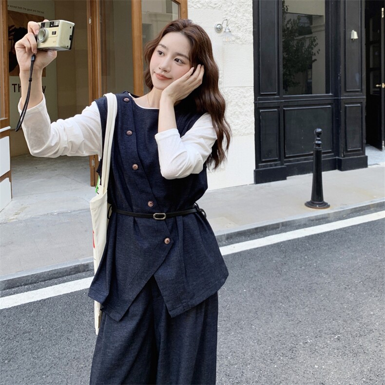 轻熟风牛仔马甲套装女2025秋季新款松弛感气质上衣阔腿裤潮三件套图片