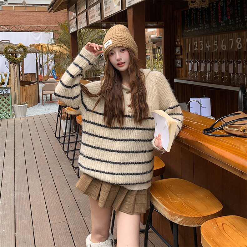 韩版休闲保暖连帽羊毛衫上衣女2025春秋季新款显瘦减龄学院风毛衣,针织衫/毛衣,蝶眷