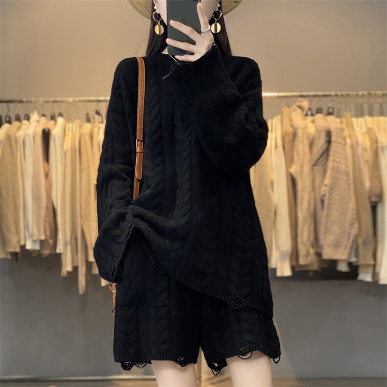秋冬款100%羊毛衫套装女圆领宽松慵懒风针织羊绒衫上衣短裤两件套,女装套装/套裙,鹿一羊绒
