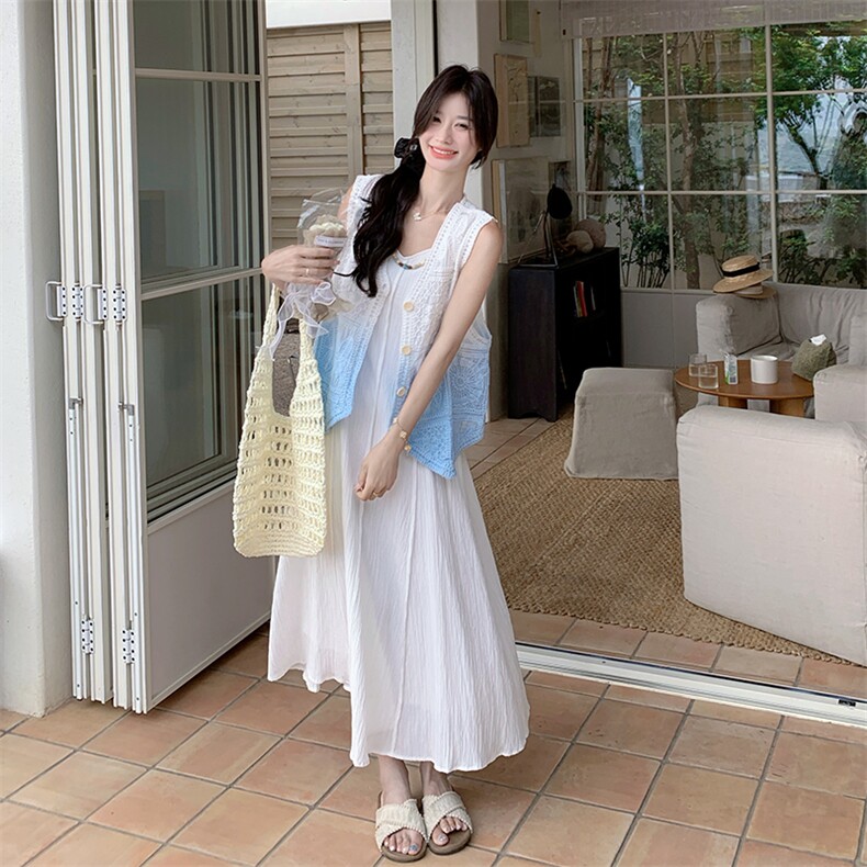 夏日度假风旅游穿搭连衣裙女2025新款扎染镂空背心吊带裙两件套装,女装套装/套裙,2C110