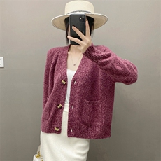 欧货秋冬康赛花纱软糯纯山羊绒开衫女毛衣V领加厚宽松针织外套，女装羊绒衫，织绒羊